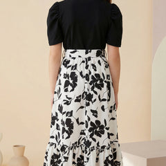 Girls Black & White Floral Maxi Dress with Puff Sleeves