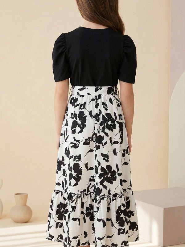 Girls Black & White Floral Maxi Dress with Puff Sleeves