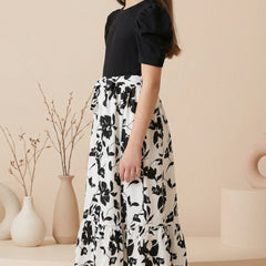 Girls Black & White Floral Maxi Dress with Puff Sleeves