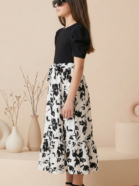 Girls Black & White Floral Maxi Dress with Puff Sleeves
