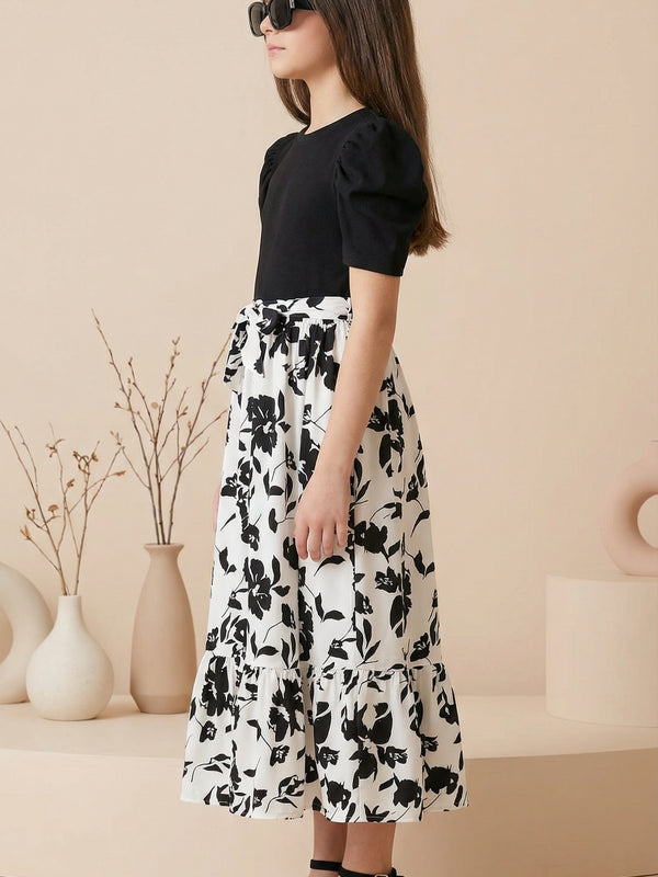 Girls Black & White Floral Maxi Dress with Puff Sleeves