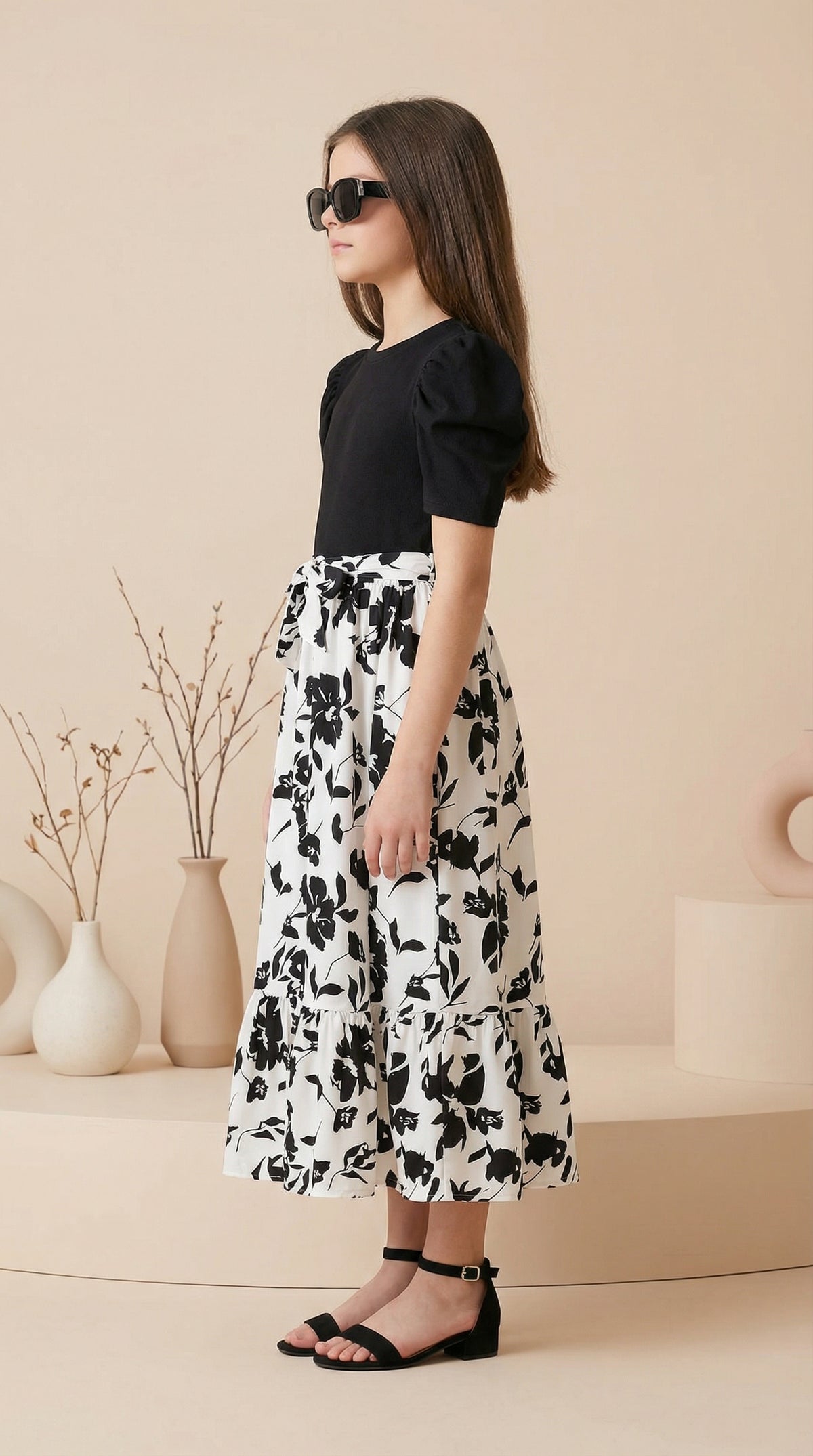 Girls Black & White Floral Maxi Dress with Puff Sleeves