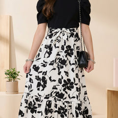 Girls Black & White Floral Maxi Dress with Puff Sleeves