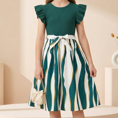 Girls Green Ribbed Top & Striped Flared Midi Dress with Bow Belt