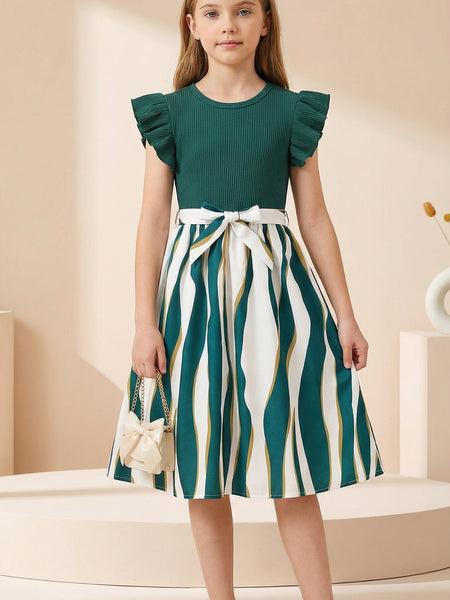 Girls Green Ribbed Top & Striped Flared Midi Dress with Bow Belt