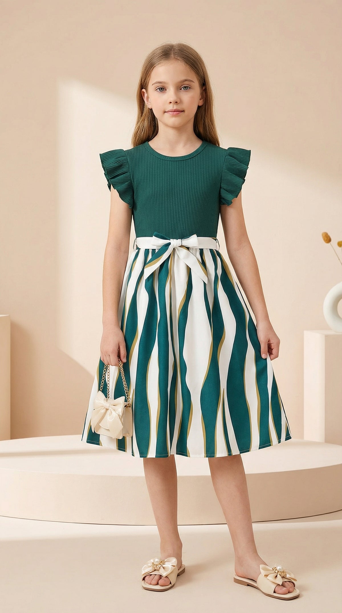 Girls Green Ribbed Top & Striped Flared Midi Dress with Bow Belt