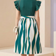 Girls Green Ribbed Top & Striped Flared Midi Dress with Bow Belt