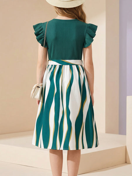 Girls Green Ribbed Top & Striped Flared Midi Dress with Bow Belt