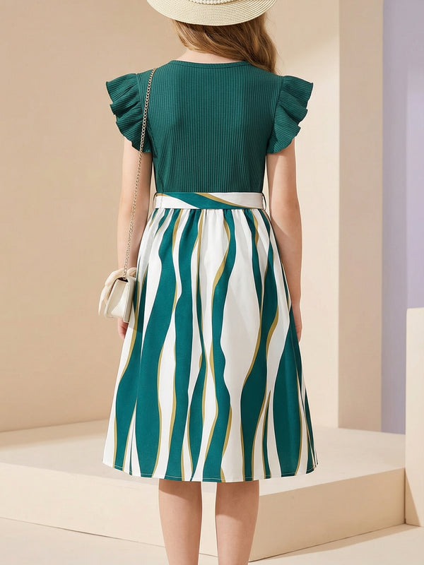 Girls Green Ribbed Top & Striped Flared Midi Dress with Bow Belt