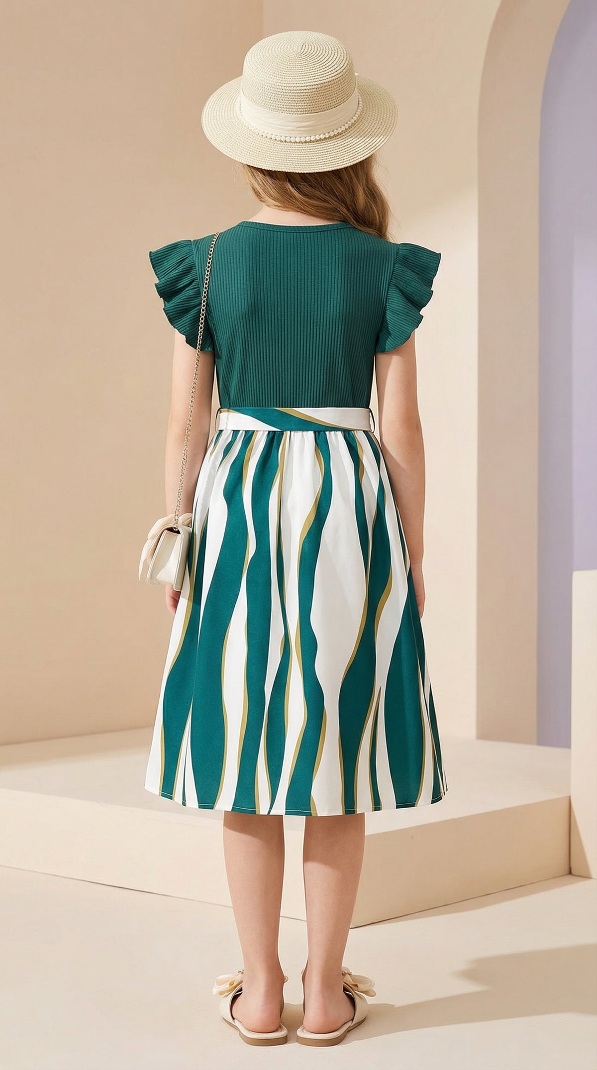 Girls Green Ribbed Top & Striped Flared Midi Dress with Bow Belt