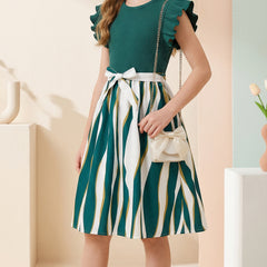 Girls Green Ribbed Top & Striped Flared Midi Dress with Bow Belt