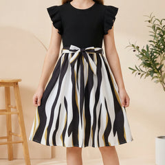 Girls Black Ribbed Top & Striped Flared Midi Dress with Bow Belt