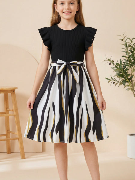 Girls Black Ribbed Top & Striped Flared Midi Dress with Bow Belt