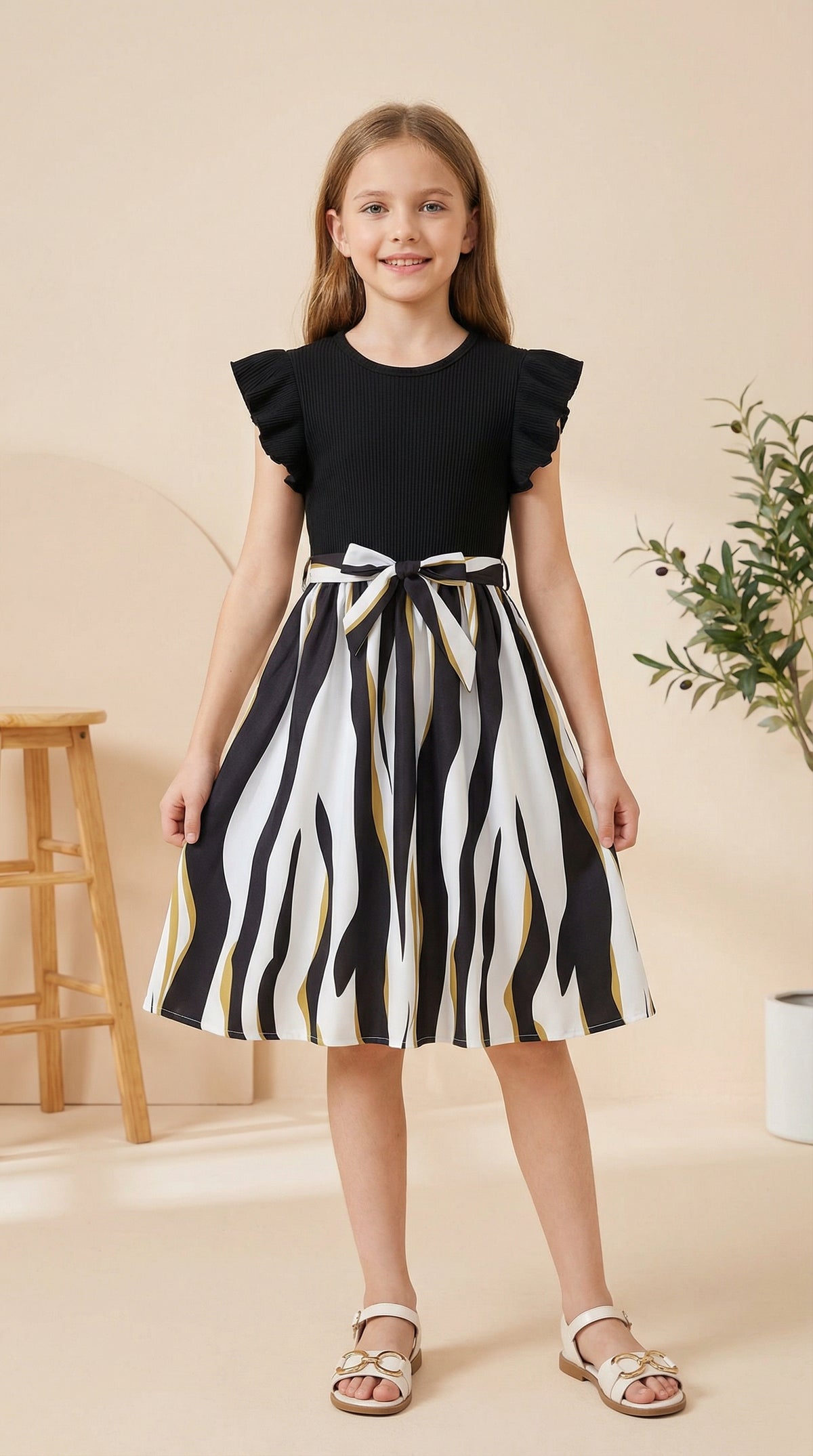 Girls Black Ribbed Top & Striped Flared Midi Dress with Bow Belt