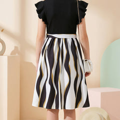 Girls Black Ribbed Top & Striped Flared Midi Dress with Bow Belt