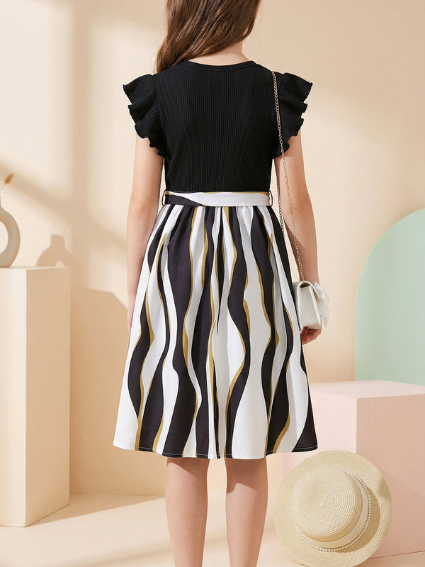 Girls Black Ribbed Top & Striped Flared Midi Dress with Bow Belt