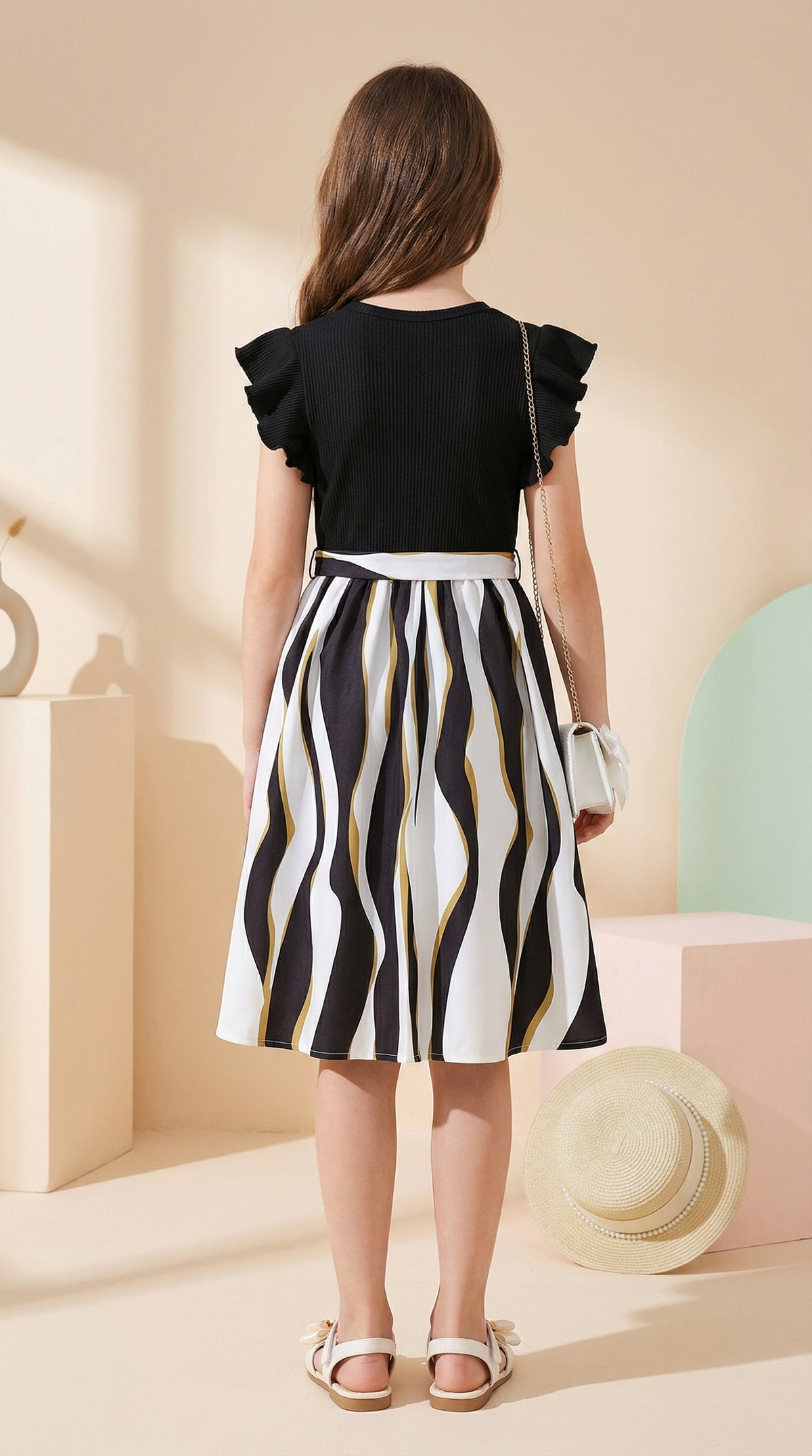 Girls Black Ribbed Top & Striped Flared Midi Dress with Bow Belt