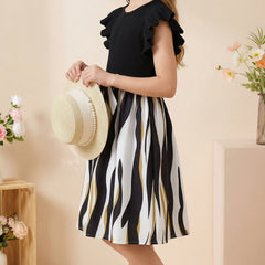 Girls Black Ribbed Top & Striped Flared Midi Dress with Bow Belt