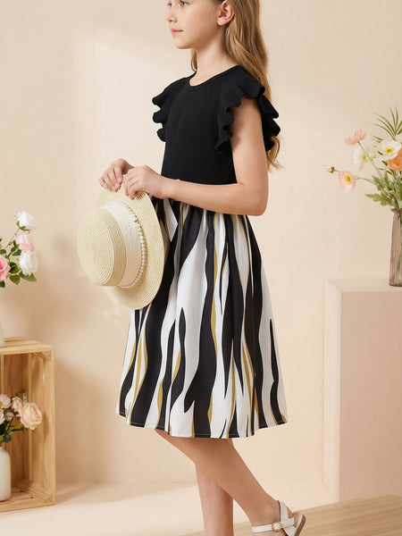 Girls Black Ribbed Top & Striped Flared Midi Dress with Bow Belt