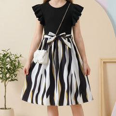 Girls Black Ribbed Top & Striped Flared Midi Dress with Bow Belt