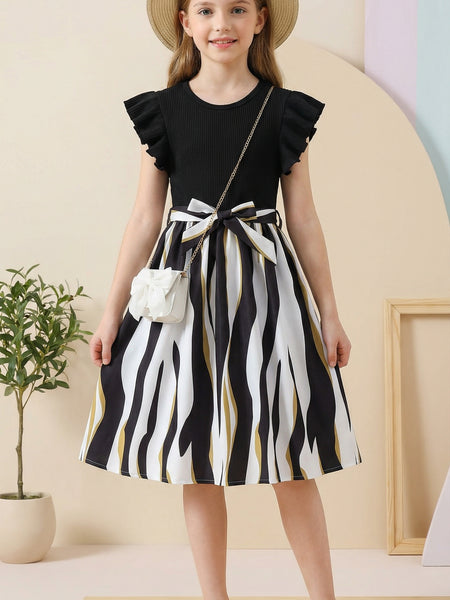 Girls Black Ribbed Top & Striped Flared Midi Dress with Bow Belt