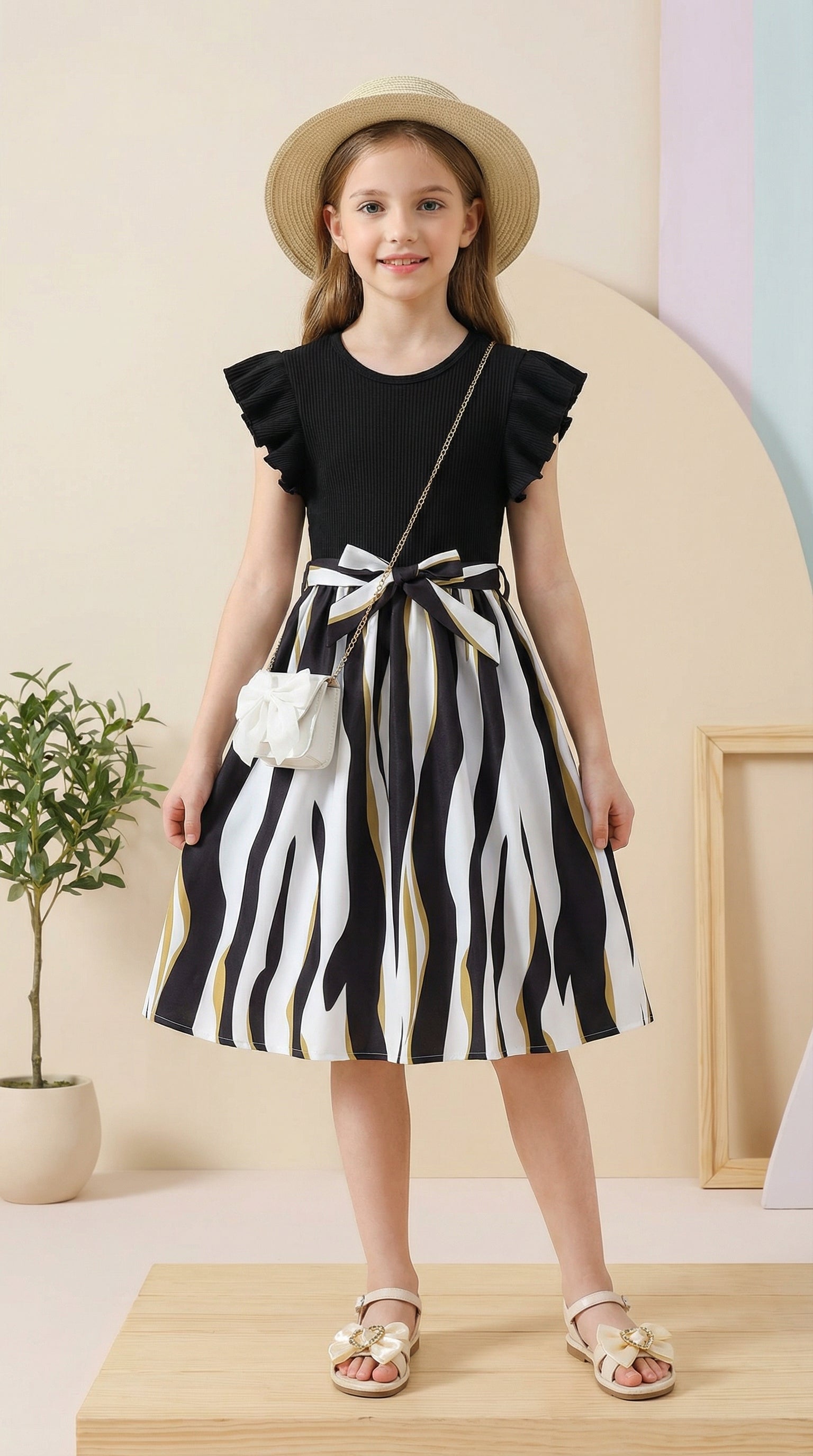 Girls Black Ribbed Top & Striped Flared Midi Dress with Bow Belt
