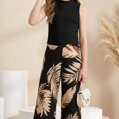 Girls Black High Neck Sleeveless Top & Leaf Print Wide Leg Palazzo Pants Set
