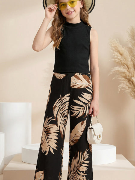 Girls Black High Neck Sleeveless Top & Leaf Print Wide Leg Palazzo Pants Set