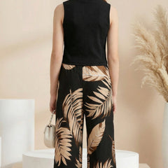 Girls Black High Neck Sleeveless Top & Leaf Print Wide Leg Palazzo Pants Set