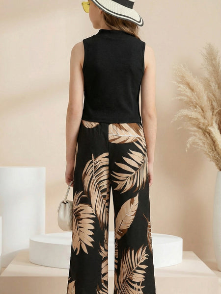 Girls Black High Neck Sleeveless Top & Leaf Print Wide Leg Palazzo Pants Set