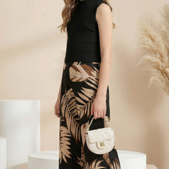 Girls Black High Neck Sleeveless Top & Leaf Print Wide Leg Palazzo Pants Set