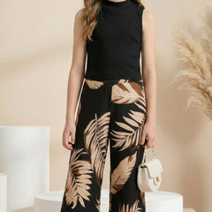 Girls Black High Neck Sleeveless Top & Leaf Print Wide Leg Palazzo Pants Set