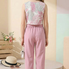 Girls Pink Floral Crop Top & Wide Leg Palazzo Pants Set with Bow