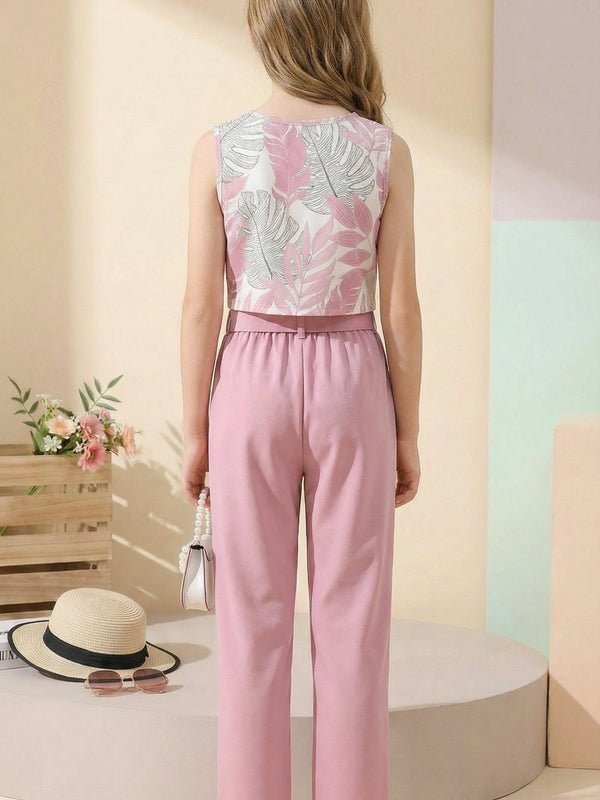 Girls Pink Floral Crop Top & Wide Leg Palazzo Pants Set with Bow