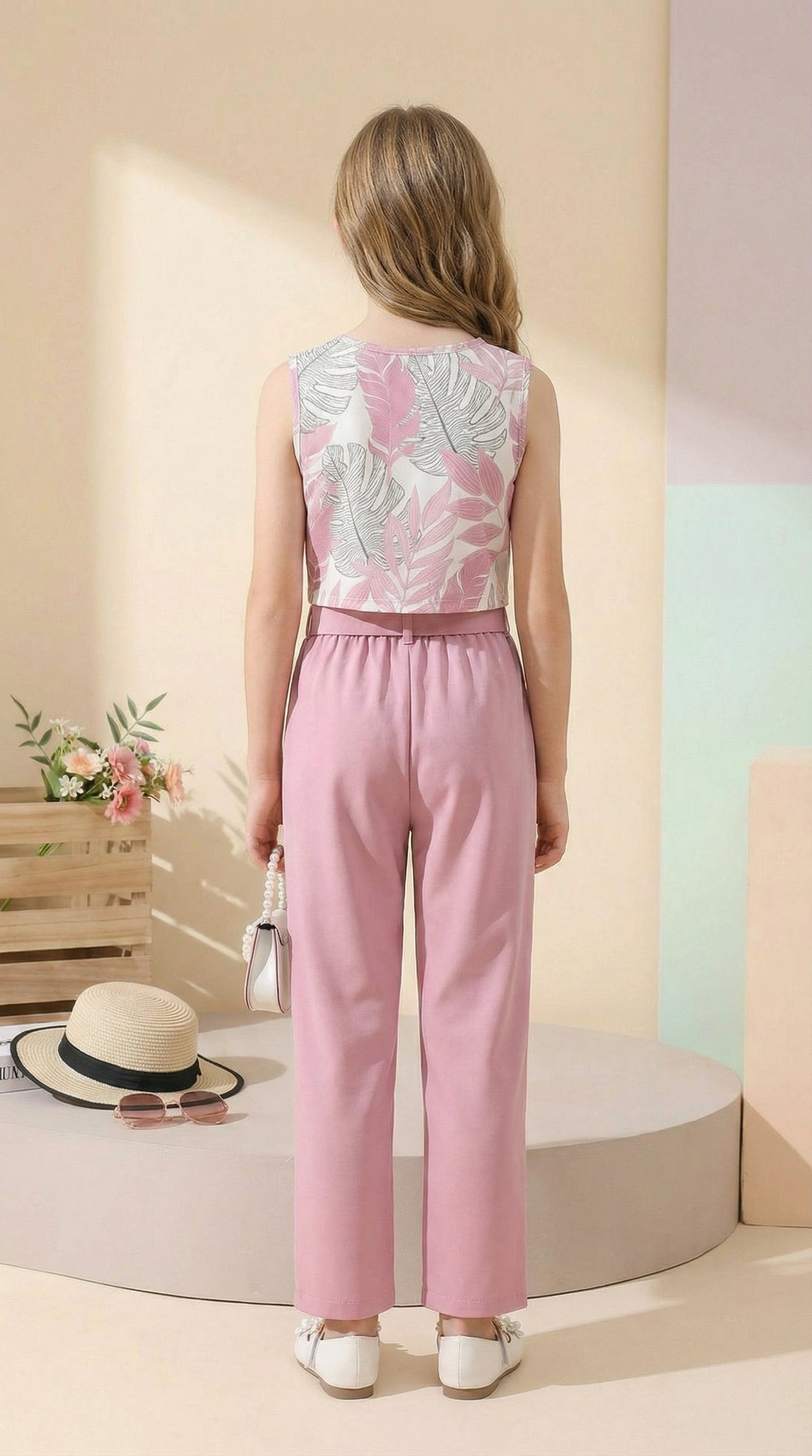 Girls Pink Floral Crop Top & Wide Leg Palazzo Pants Set with Bow