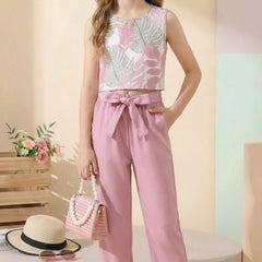 Girls Pink Floral Crop Top & Wide Leg Palazzo Pants Set with Bow