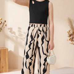 Girls Black Sleeveless Crop Top & Abstract Print Wide Leg Palazzo Pants Set