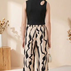 Girls Black Sleeveless Crop Top & Abstract Print Wide Leg Palazzo Pants Set