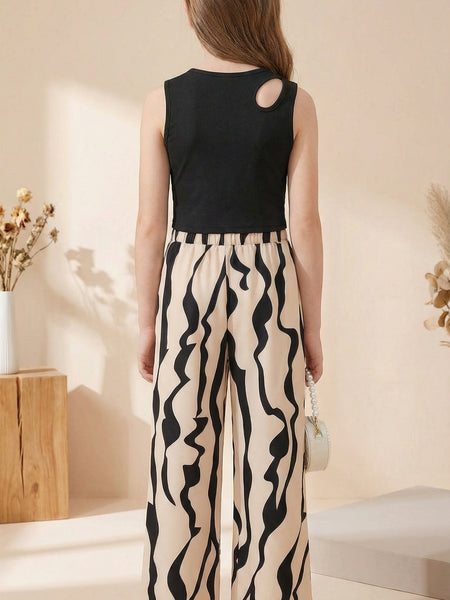 Girls Black Sleeveless Crop Top & Abstract Print Wide Leg Palazzo Pants Set