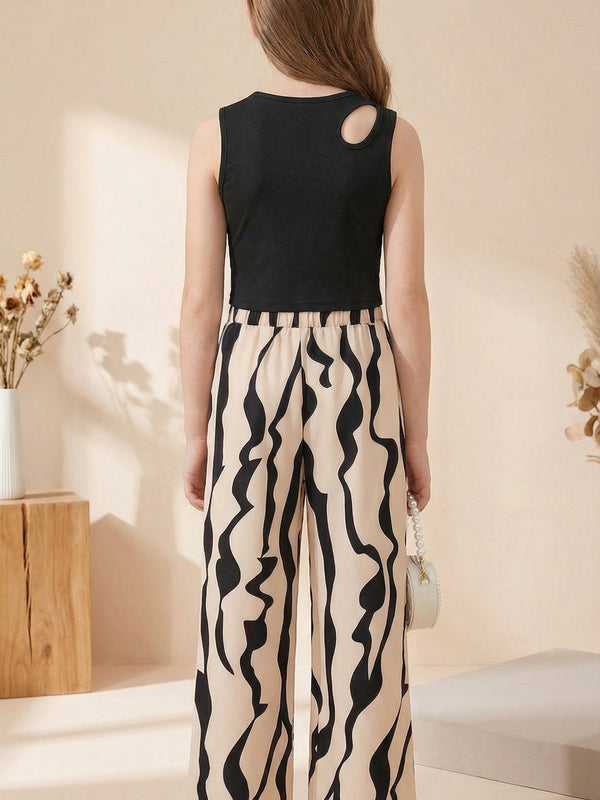 Girls Black Sleeveless Crop Top & Abstract Print Wide Leg Palazzo Pants Set