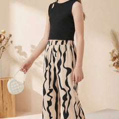 Girls Black Sleeveless Crop Top & Abstract Print Wide Leg Palazzo Pants Set