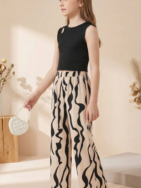 Girls Black Sleeveless Crop Top & Abstract Print Wide Leg Palazzo Pants Set