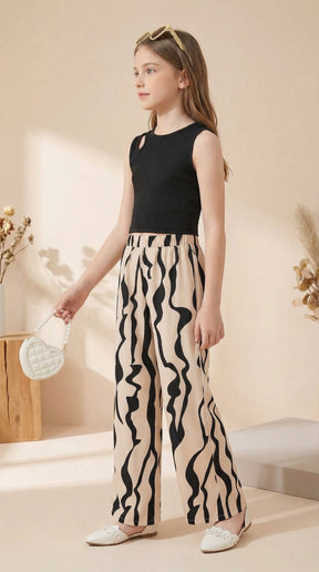 Girls Black Sleeveless Crop Top & Abstract Print Wide Leg Palazzo Pants Set