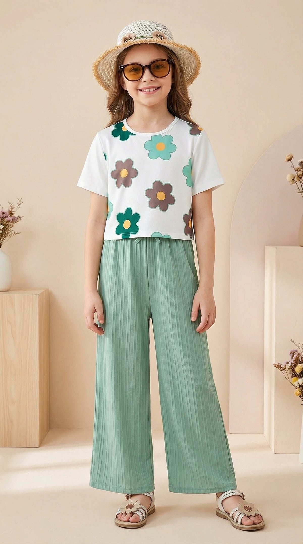 Trendy Crop Top with Mint Green Wide Leg Palazzo Pants