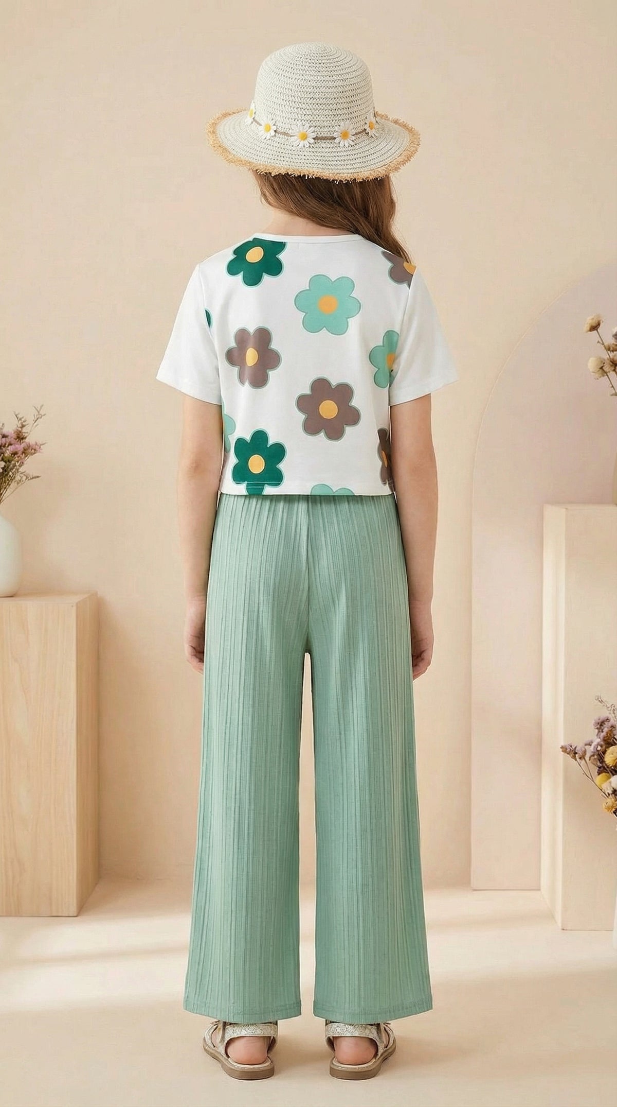 Trendy Crop Top with Mint Green Wide Leg Palazzo Pants