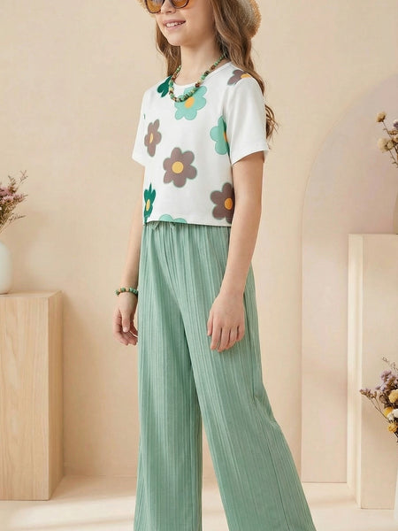 Trendy Crop Top with Mint Green Wide Leg Palazzo Pants