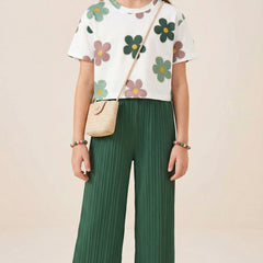 Girls Floral Printed Top with Green Wide Leg Palazzo Pants Set