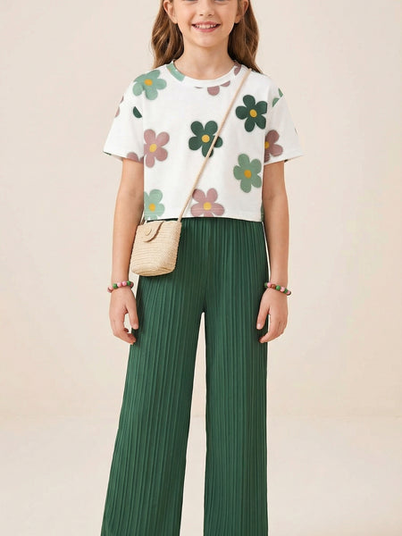 Girls Floral Printed Top with Green Wide Leg Palazzo Pants Set