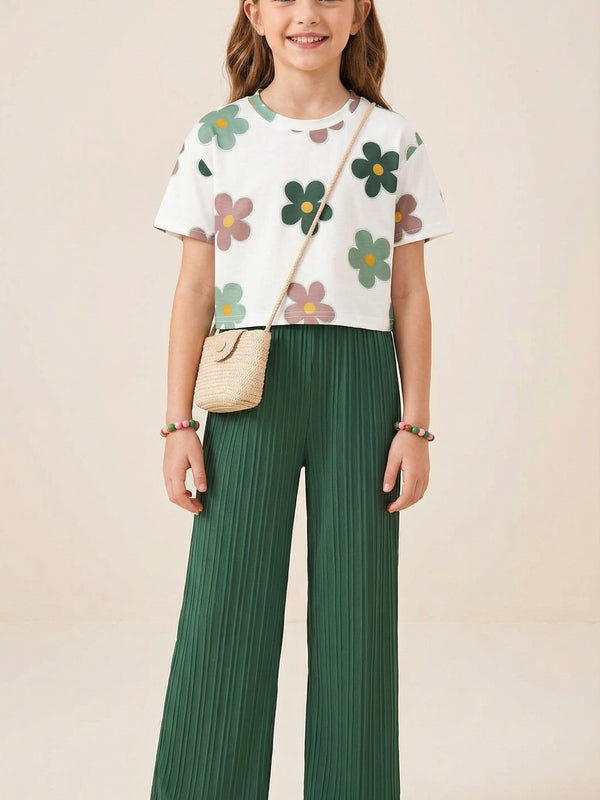 Girls Floral Printed Top with Green Wide Leg Palazzo Pants Set