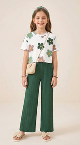 Girls Floral Printed Top with Green Wide Leg Palazzo Pants Set